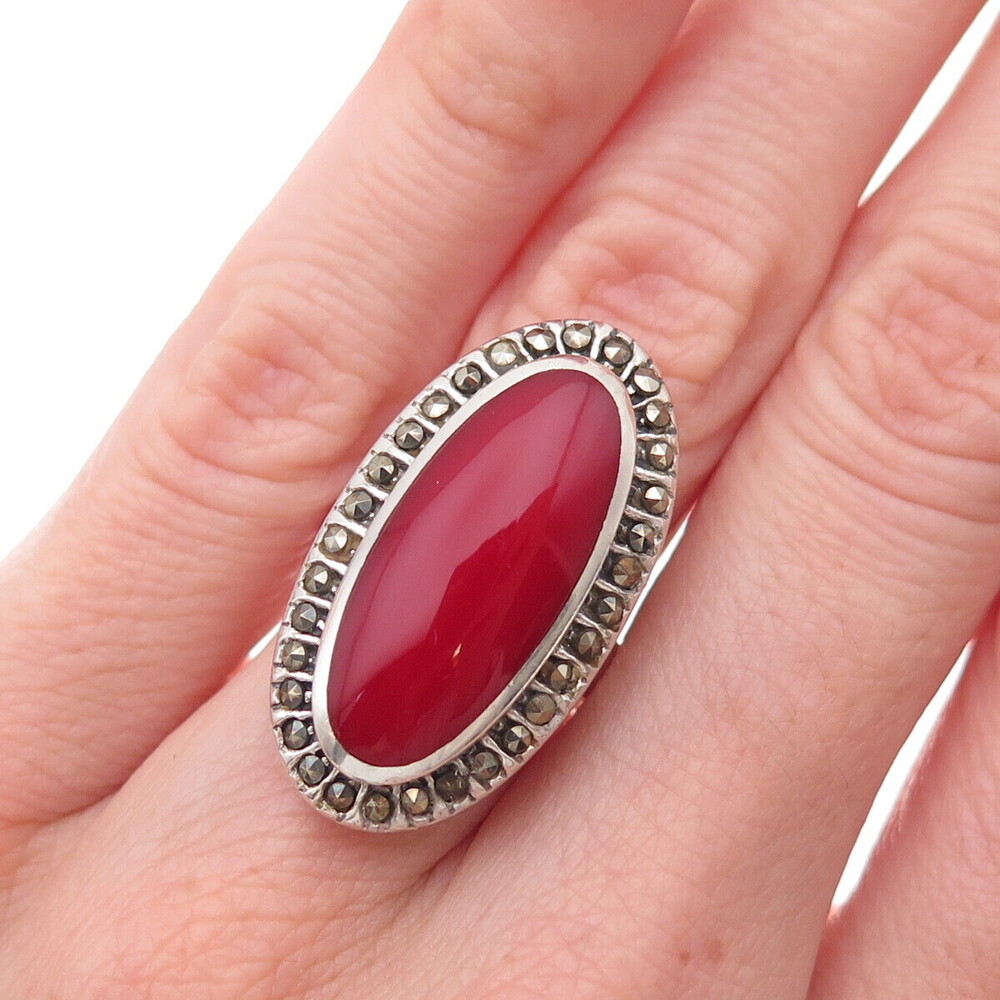 925 Sterling Silver Vintage Real Coral & Marcasite Oxidized Ring Size 5.75